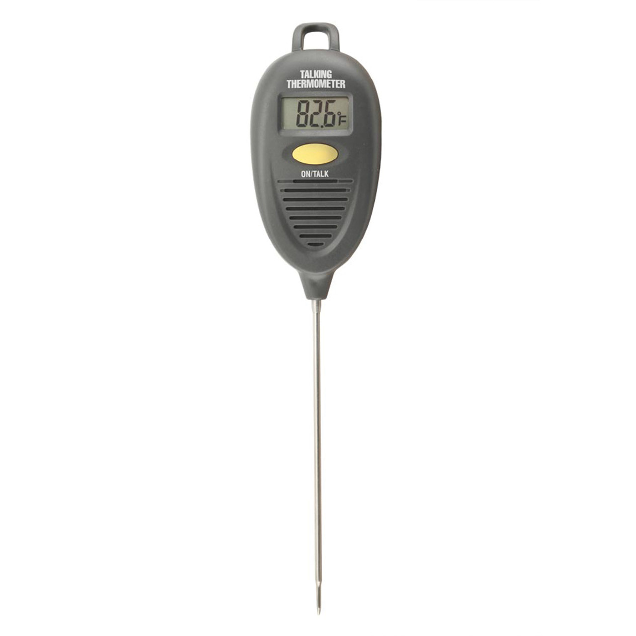 All Purpose Talking Thermometer features a small digital display timer and a yellow off/on button on the front of the device below the LED display.