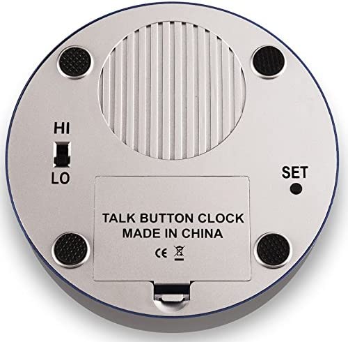 The bottom view of the Extra Large Button Loud Boost Talking Clock reveals Hi/low sound button, the SET button, the round speaker grooves, and the location where you would load the batters.
