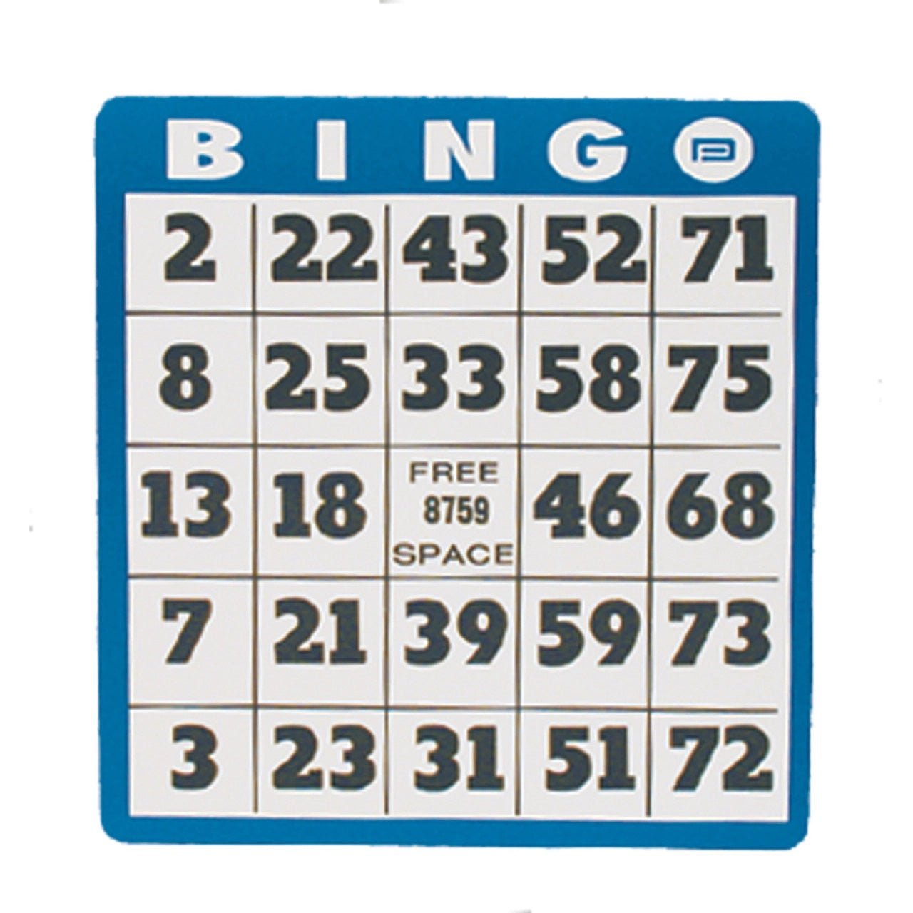 Large Print Bingo Card (individual) with black letters on a white background with blue trim. Large low vision card.