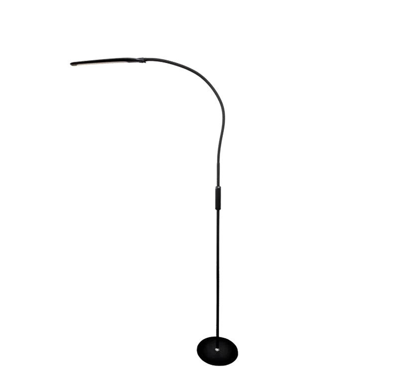 The Magno Lumina Max Floor Lamp is a sleek, modern black floor lamp with a sturdy round base and an adjustable, curved neck for positioning light. It is designed for individuals with low vision, offering customizable lighting options. Users can select from five color temperatures (3000K to 6500K, similar to natural daylight) and dim the brightness to suit their viewing needs. The lamp features energy-efficient LEDs, a touch control panel, and a remote control with extra settings.