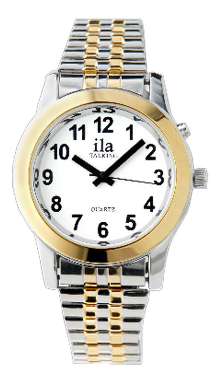 Men's Two Tone Talking Watch timepiece designed for those who are blind or low vision seeking a straightforward time-telling experience, without the need for alarms or hourly announcements.