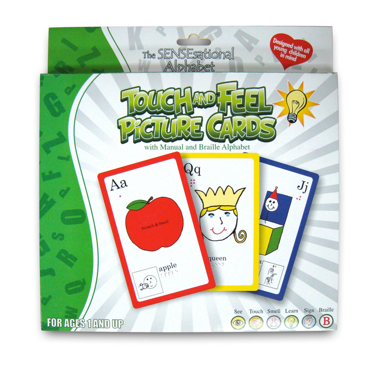Learning the alphabet has never been more exciting and stimulating with these Sensational Alphabet Flash Cards. This touch and feel, fun and engaging card set lets your child feel the different textures of animals, smell the distinctive aromas of things, and much more! Learn the entire alphabet and many beginning words in Sign Language and Braille. This set comes with a user manual designed for all young children!