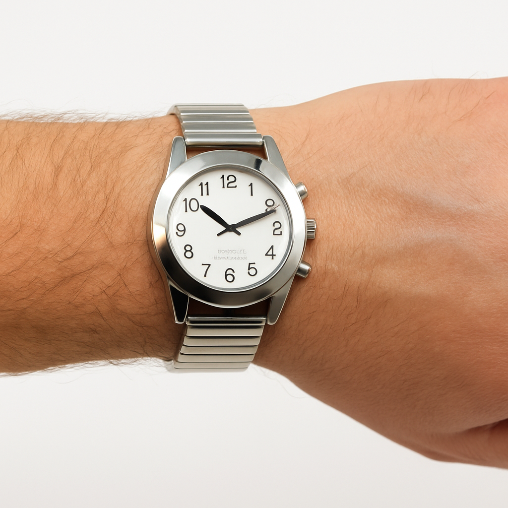 Silver Touch Face Talking Watch with white dial, bold black numerals, and silver expansion band on a man’s wrist, white background
Accessible talking watch for visually impaired users, worn on a male wrist, silver-tone case with expansion bracelet
Men’s Silver Touch Face Talking Watch, crystal-activated time announcement, classic white face and Arabic numerals
Close-up of a man wearing a Silver Touch Face Talking Watch, silver case and band, designed for low vision accessibility