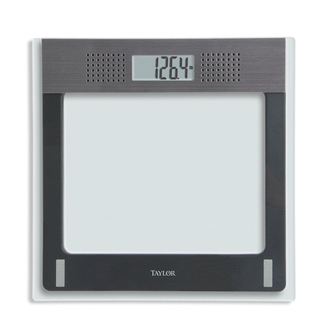 Talking body scale by taylor has Sleek Glass design, outtlind in black and gray giveing high contrast. The display at the to has a read out of 126.4 lbs