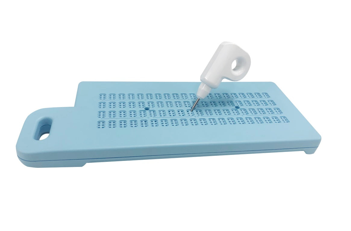 The Versa Erasable Slate, shown with Stylus, is a paperless and erasable slate with four rows of 20 cells each. Braille a short-term note on the slate and flip the unit over to read the message. Four sets of buttons erase five cells at a time. Great in the education market or for quick note-taking.