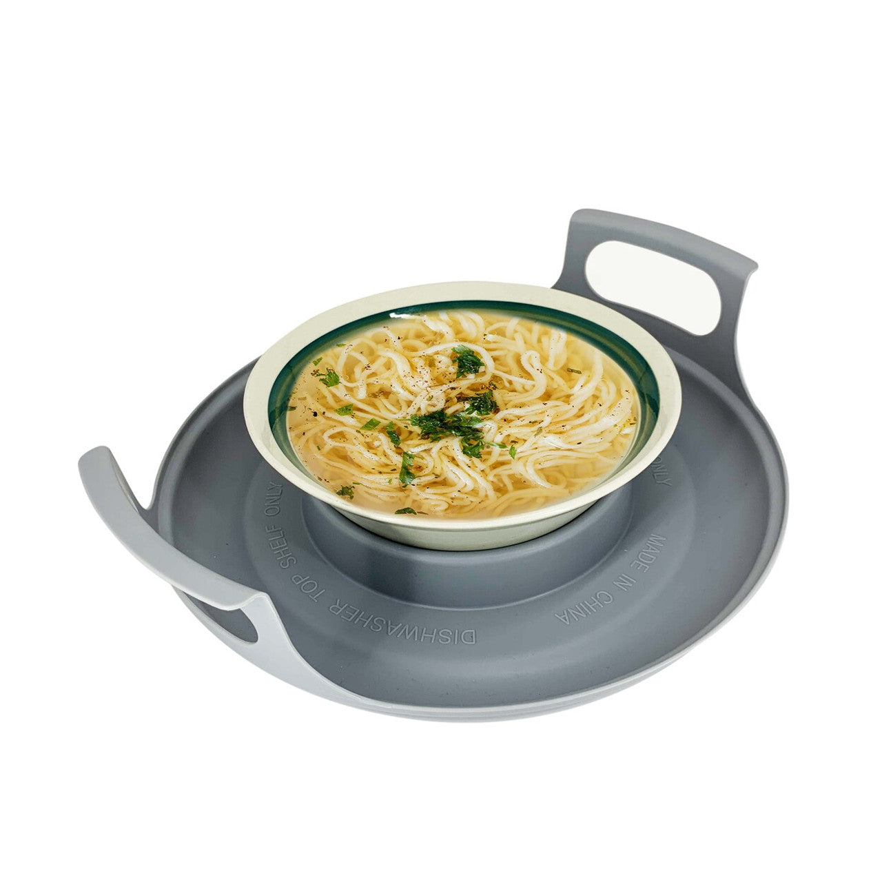 Microwave Caddy with a bowl of noodles on top – A versatile kitchen accessory suitable for individuals with visual impairments, accommodating plates or bowls from 5 to 10 inches in diameter, providing safe handling of hot microwave dishes.