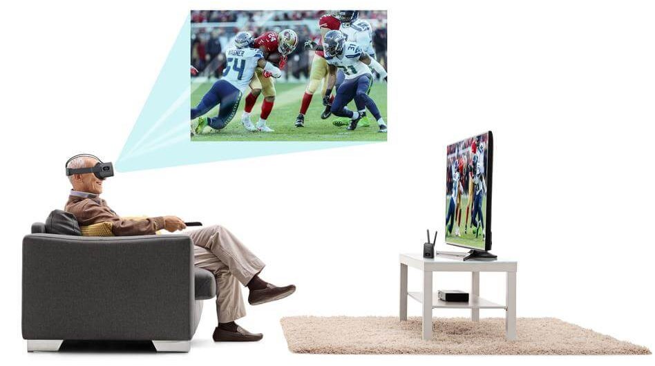 A man sitting on a couch in front of the TV, with the image demonstrating that the TV is streamed into the goggles he is wearing.