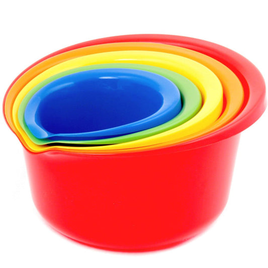 5 nesting mixing bowls with unique sizes and vibrant colors, ranging from 0.9 quarts to 5 quarts, designed to simplify cooking and baking tasks by making it easy to distinguish between bowls at a glance