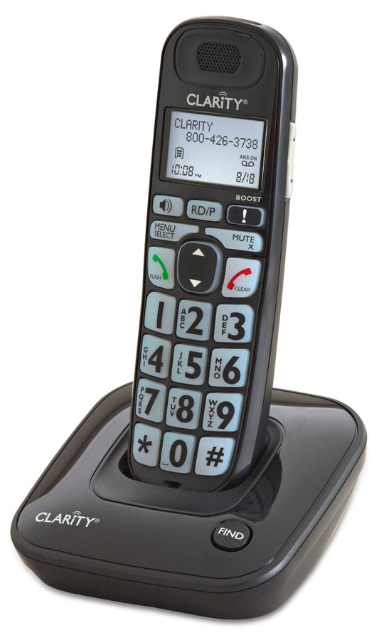 Clarity D703 amplified cordless phone with 35dB amplification, large backlit buttons, visual caller ID, and charging base  

Amplified home phone for seniors, model D703, with big buttons, extra loud ringer, and noise-reducing Clarity Power technology

Cordless amplified phone with large keypad, visual display, and hands-free speakerphone, ideal for hearing loss and low vision

Clarity D703 big button phone on charging base with 35dB sound boost and super-bright visual ringer