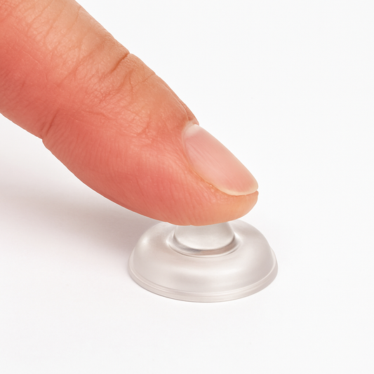 Close-up of a human finger gently pressing on a clear round bump-on with raised nodule center, shown on a white background