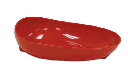 A red plastic bowl with a hole in the center, designed for accessibility, featuring a non-skid base for enhanced dining convenience.