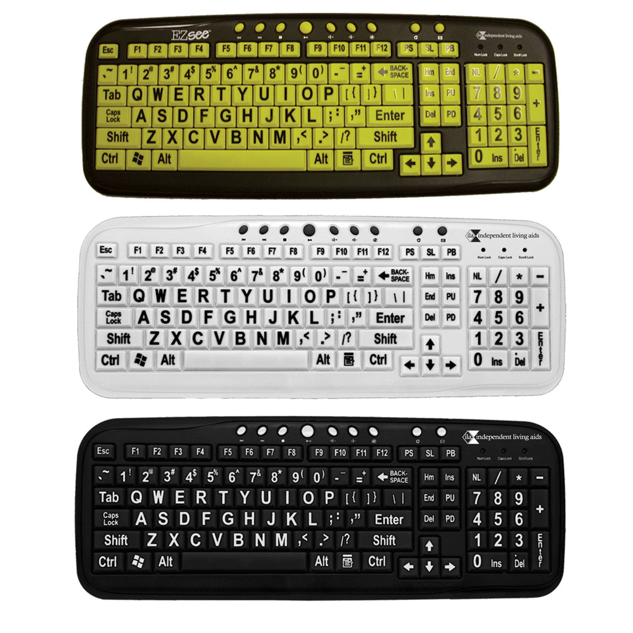 EZ Key Keyboard featuring 3 keyboards black on yellow, black on white, and white on black black grounds.