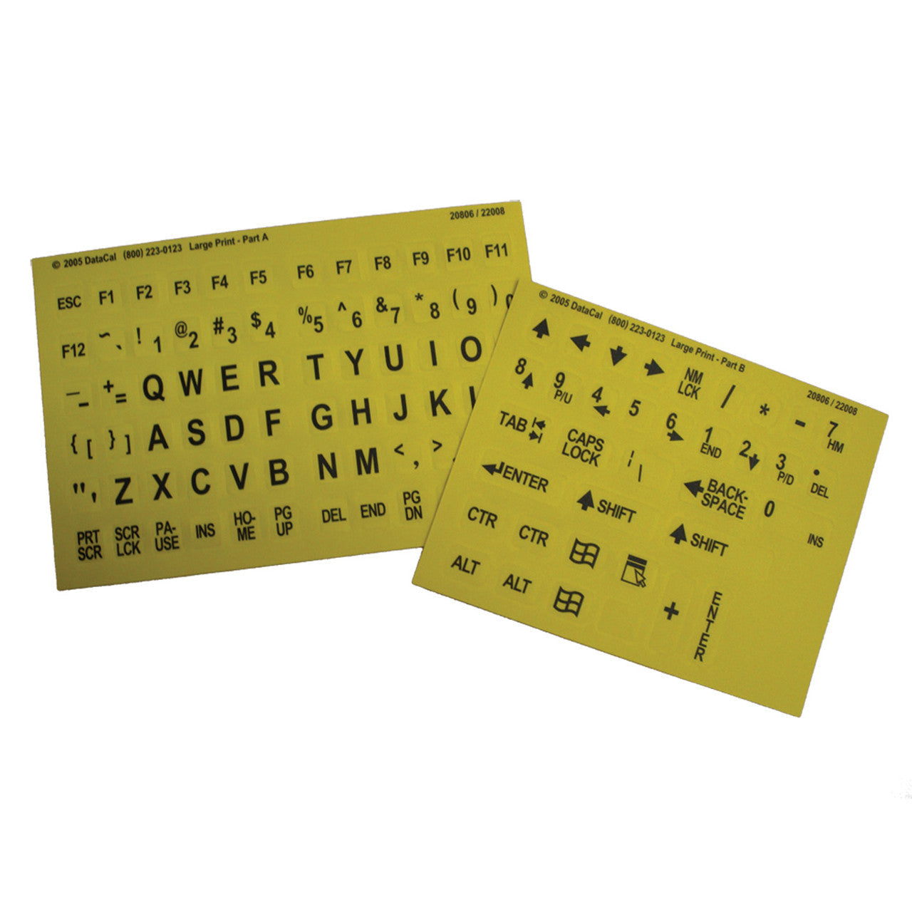 Two sheets of EZKey Labels Computer Keyboard Stick-Ons with black text on a yellow background. The sheets feature large print characters, including letters, numbers, and symbols, designed to replace standard keyboard keys for better visibility. For people with low vision, these high-contrast labels make typing easier and more accessible.