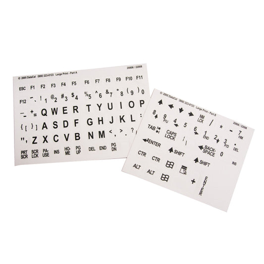 Large print black-on-white EZKey Labels Computer Keyboard Stick-Ons provide an easy way for users to replace standard keyboard characters with large, high-contrast labels that are easy to see. For people with low vision, these labels improve visibility and make typing more accessible.