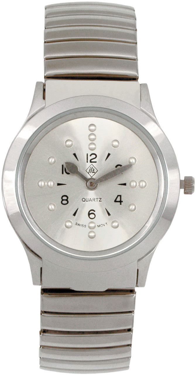 Silver Braille quartz watch with expansion band, hinged pop-up crystal, and bold black numerals for tactile time-telling

Battery-operated Braille watch for blind users, silver-tone band, hinged crystal, and raised hour markers

Accessible Braille wristwatch with tactile time-reading feature, silver face, and expansion band for men or ladies

Quartz Braille watch with flip-up glass, bold numerals, and comfortable silver expansion bracelet