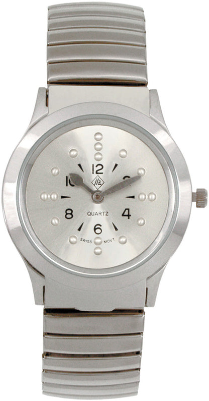 Silver Braille quartz watch with expansion band, hinged pop-up crystal, and bold black numerals for tactile time-telling

Battery-operated Braille watch for blind users, silver-tone band, hinged crystal, and raised hour markers

Accessible Braille wristwatch with tactile time-reading feature, silver face, and expansion band for men or ladies

Quartz Braille watch with flip-up glass, bold numerals, and comfortable silver expansion bracelet