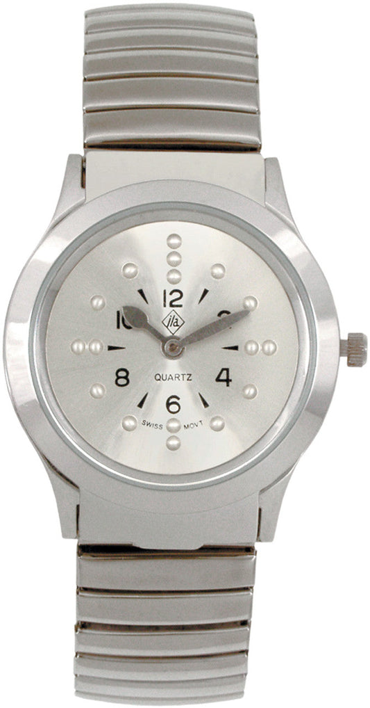 Silver Braille quartz watch with expansion band, hinged pop-up crystal, and bold black numerals for tactile time-telling

Battery-operated Braille watch for blind users, silver-tone band, hinged crystal, and raised hour markers

Accessible Braille wristwatch with tactile time-reading feature, silver face, and expansion band for men or ladies

Quartz Braille watch with flip-up glass, bold numerals, and comfortable silver expansion bracelet