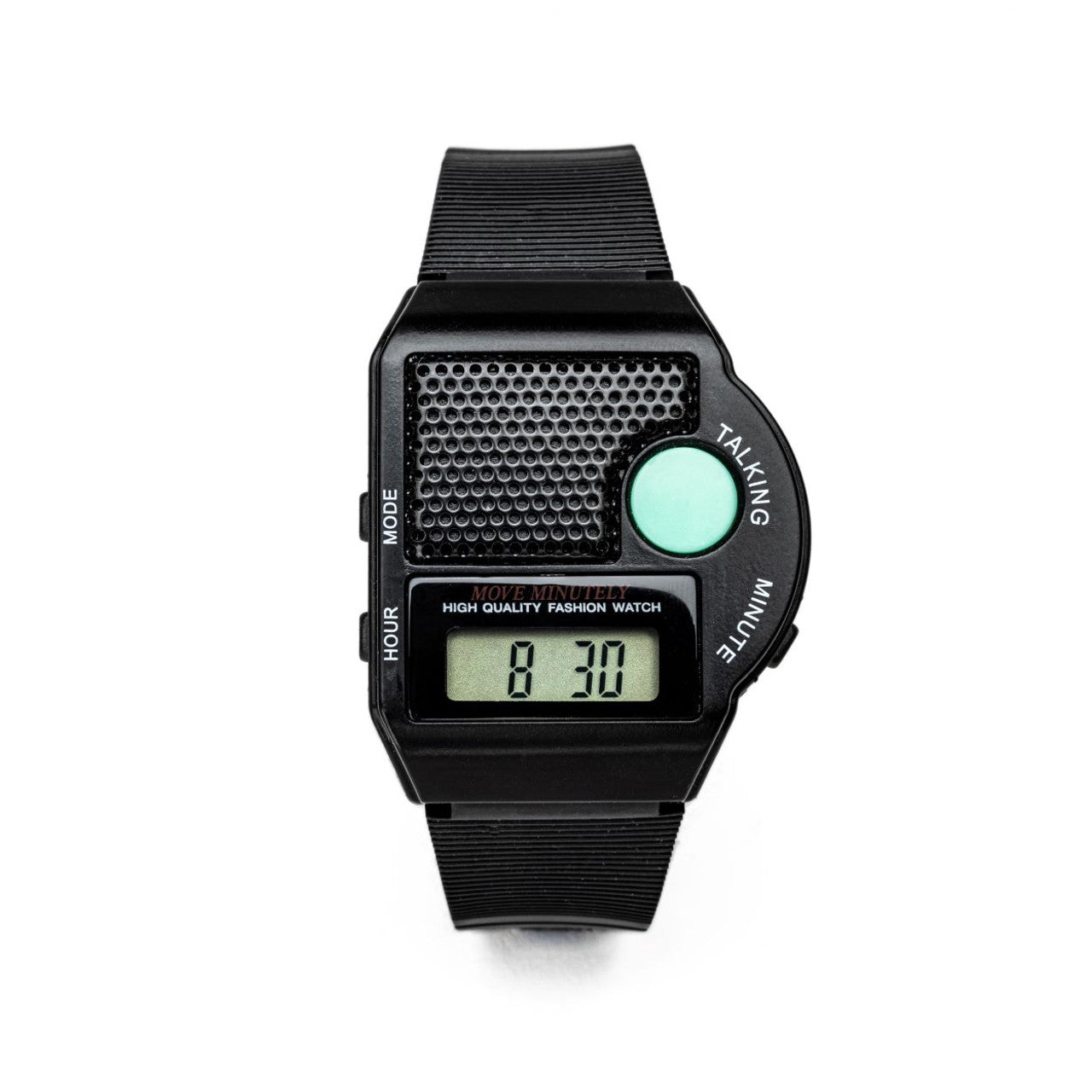 Front view of the Front Speaker Talking Watch designed for people who are blind or have low vision. The watch features a textured speaker grille for audio announcements, a large green button for activating the talking function, and a clear digital display showing the time as 8:30. Side buttons for mode and time adjustments are also visible, along with a durable black strap.