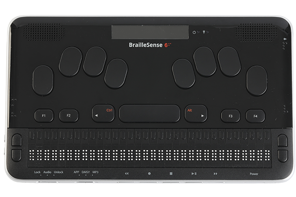 Braille Sense 6 showing the various braille keys, function keys, a display screen, and a 32 cell braille display.