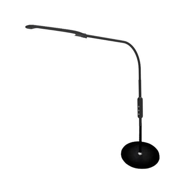 Magno Lumina Max Desk Lamp. This corded lamp features a black flexible neck and weighted base, allowing users to adjust the optimal position for viewing. It offers adjustable light color temperature and brightness level settings to create an ideal viewing environment. Available in both desktop and floor versions, this lamp provides superior illumination. For people with low vision, its customizable lighting and flexible design make it a practical and accessible solution
