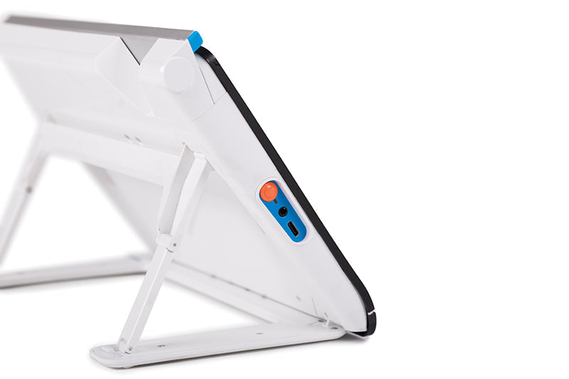 A back-facing view of the Compact 10 digital portable magnifier with it's support legs extended