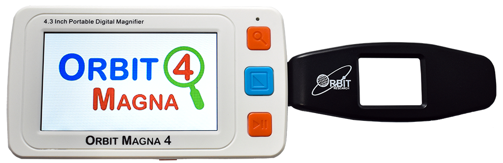 Front view of the Orbit Magna 4 handheld electronic magnifier with the black handle extended out to the right, designed for individuals with low vision. The device features a 4.3-inch high-definition LCD screen with a 4x-32x magnification range, providing clear and high-resolution images. The white body has brightly colored orange and blue buttons for easy operation, and the lightweight, compact design is ideal for home or travel. The magnifier supports a TV or monitor connection for a larger view