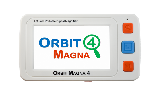 Front view of the Orbit Magna 4 handheld electronic magnifier, designed for individuals with low vision. The device features a 4.3-inch high-definition LCD screen with a 4x-32x magnification range, providing clear and high-resolution images. The white body has brightly colored orange and blue buttons for easy operation, and the lightweight, compact design is ideal for home or travel. The magnifier supports a TV or monitor connection for a larger view