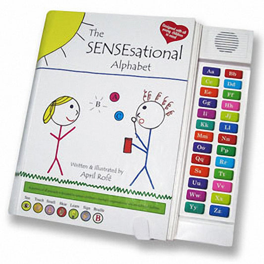 The SENSEsational Alphabet Book, a multisensory learning tool designed for users with low vision. The book features colorful buttons corresponding to each letter of the alphabet, which produce sounds when pressed. The cover displays stick-figure illustrations and is labeled 'The SENSEsational Alphabet,' written and illustrated by April Rofe. It includes tactile, auditory, and visual elements for an engaging educational experience.