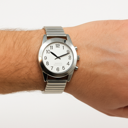 Silver Touch Face Talking Watch with white dial, bold black numerals, and silver expansion band on a man’s wrist, white background

Accessible talking watch for visually impaired users, worn on a male wrist, silver-tone case with expansion bracelet

Men’s Silver Touch Face Talking Watch, crystal-activated time announcement, classic white face and Arabic numerals

Close-up of a man wearing a Silver Touch Face Talking Watch, silver case and band, designed for low vision accessibility