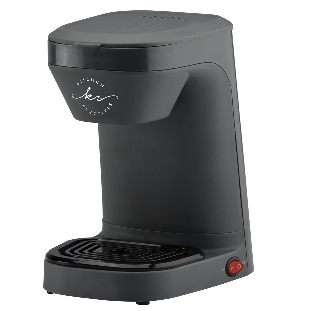 A black coffee maker with 'Kitchen Selectives' branding on a white background